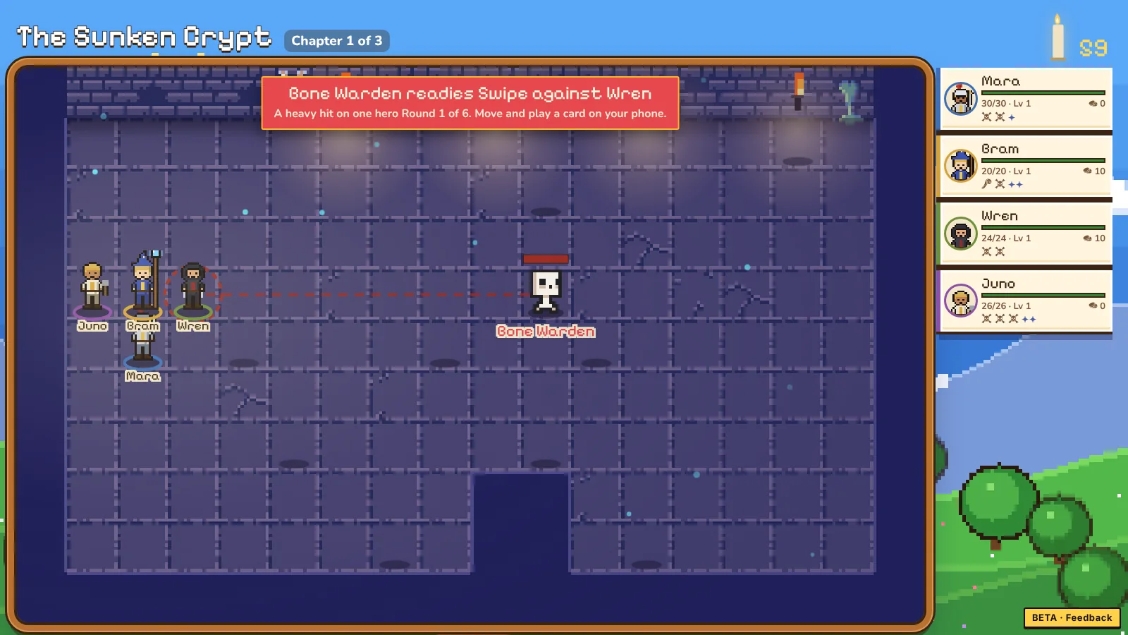 The TV during a fight: pixel heroes in a stone crypt